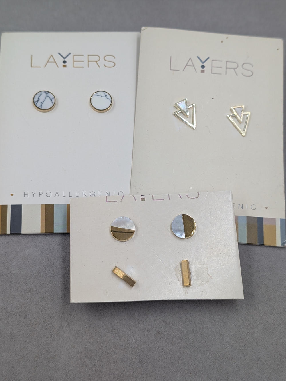 Layers NWT 4-Pair Stud Earring Set Marble MOP Geometric Gold Silver 1309